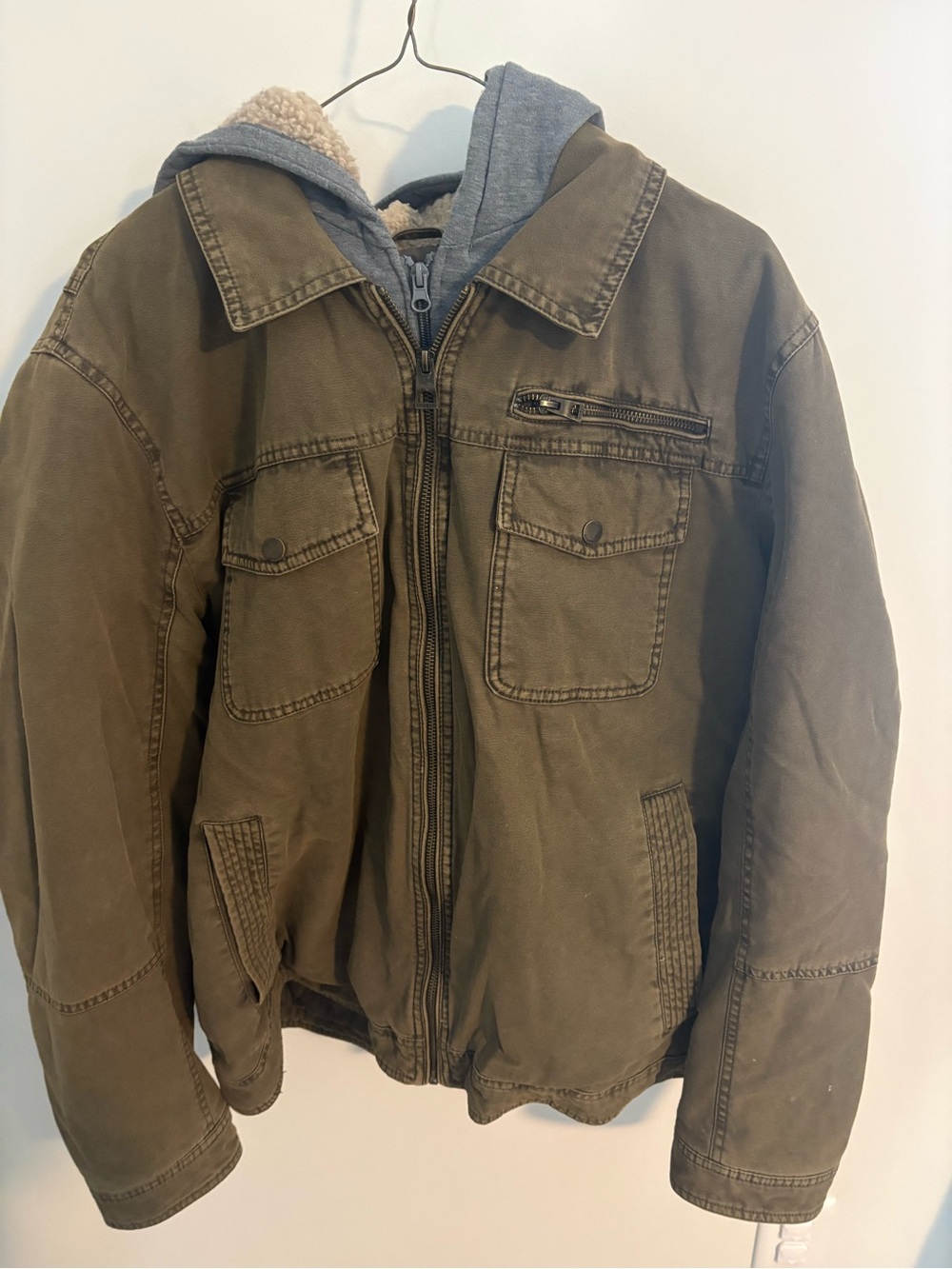 Guess Men's Olive Green Military Field Jacket with Gray Hood